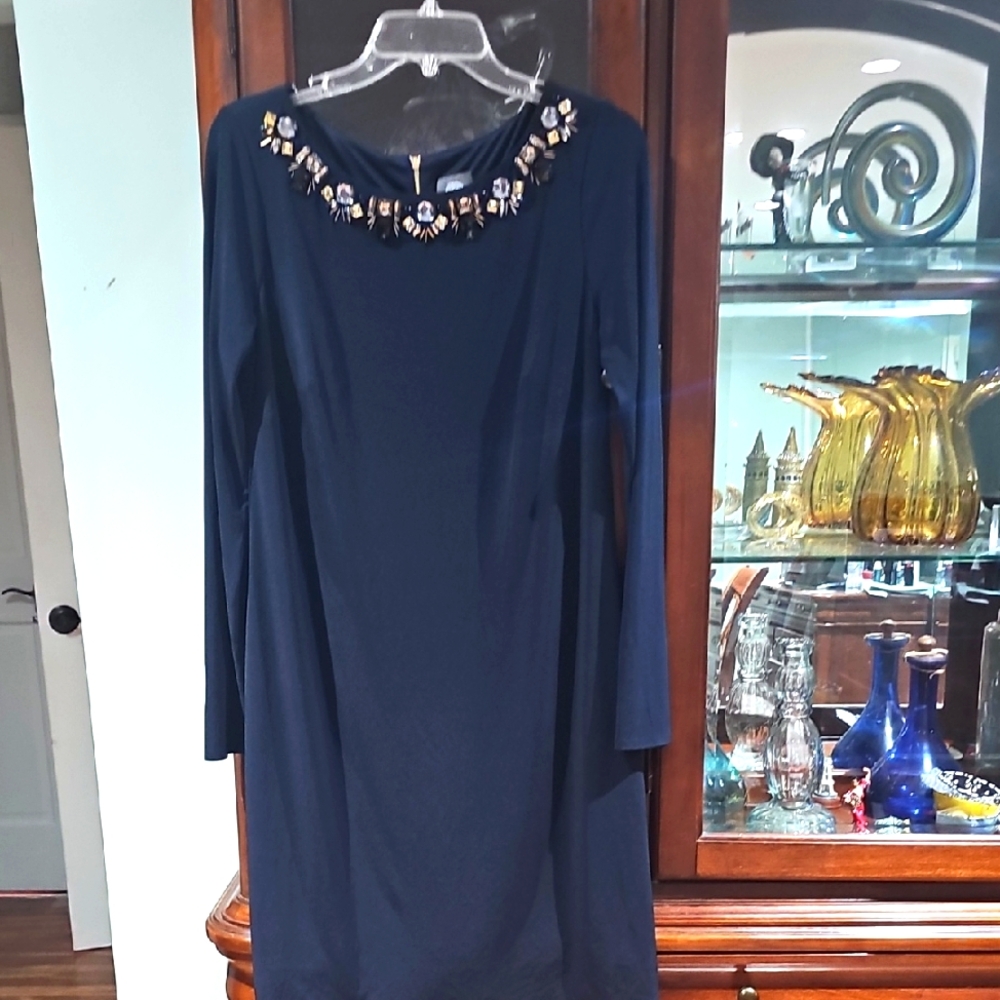 Vince Camuto Blue Embellished Long Sleeve Sheath Dress Navy Blue Size 10